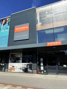 Bespoke kitchen materials and finish samples displayed at the Victoria Kitchens showroom.