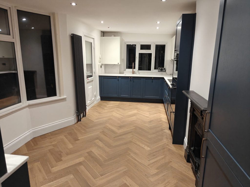 Overview of blue shaker kitchen