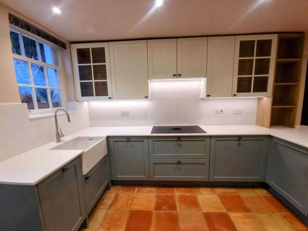 Caledonia sage green shaker kitchen designed and installed by Victoria Kitchens, Greenwich, SE London