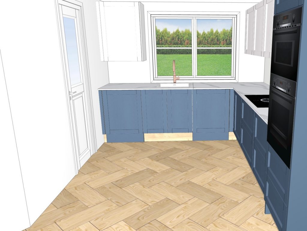 3D kitchen design render for Caledonia Classic Kintyre in Hague Blue, designed by Victoria Kitchens