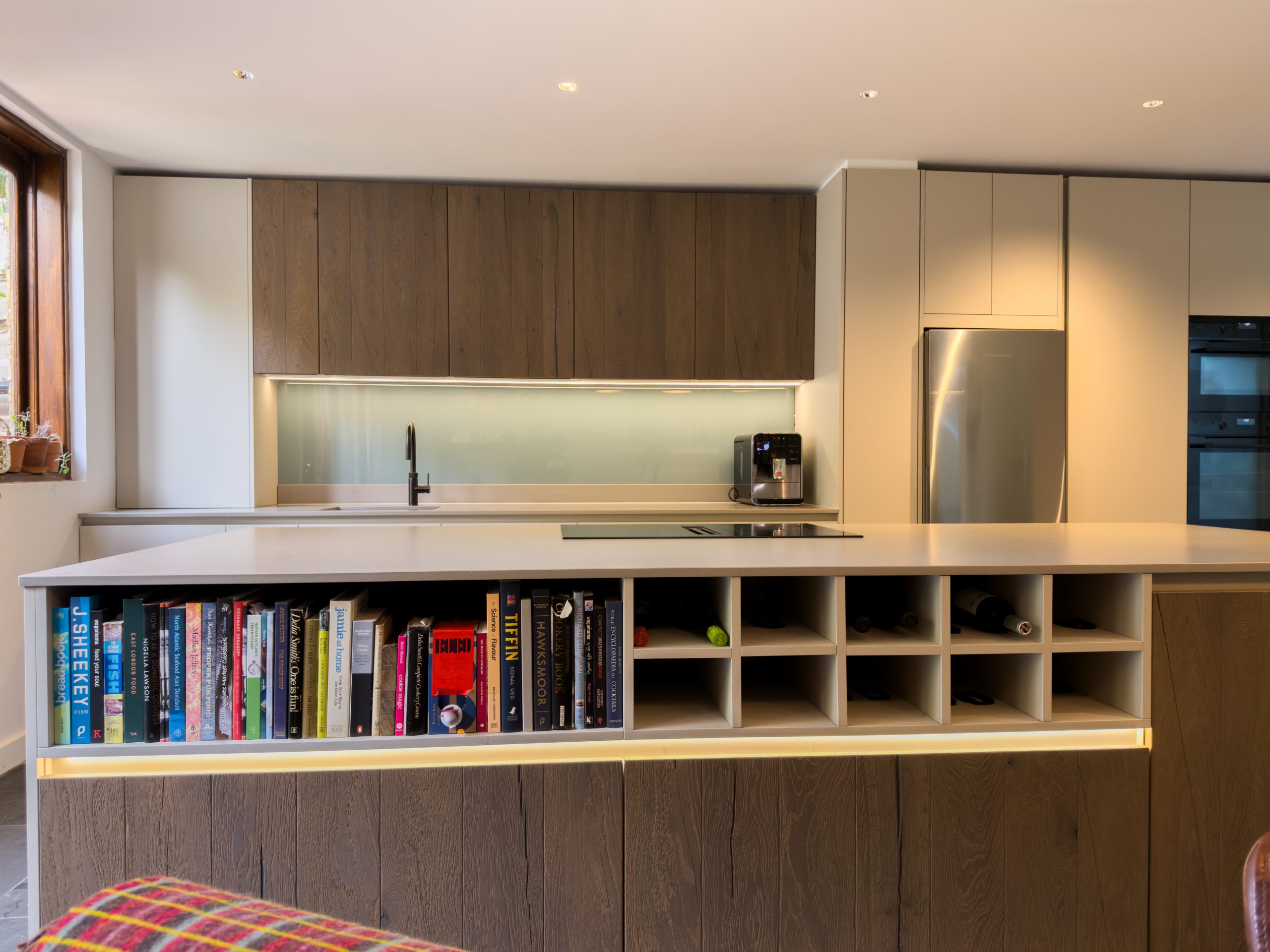 Rotpunkt kitchen in Kashmir Matt with sandblasted timber accents and integrated appliances, designed by Victoria Kitchens, SE London