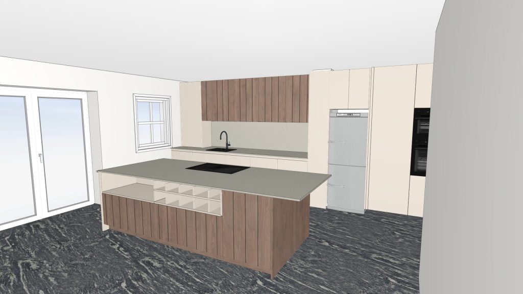 3D kitchen design render showing Kashmir Matt Rotpunkt layout with island and integrated appliances, Victoria Kitchens