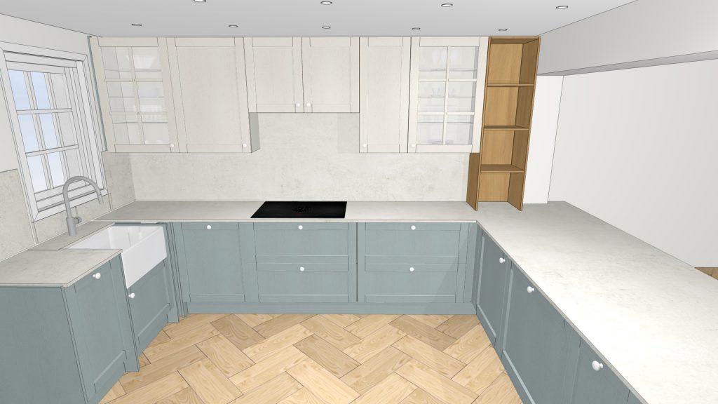 3D kitchen design render showing two-tone layout with green base units and oak shelving corner, Victoria Kitchens