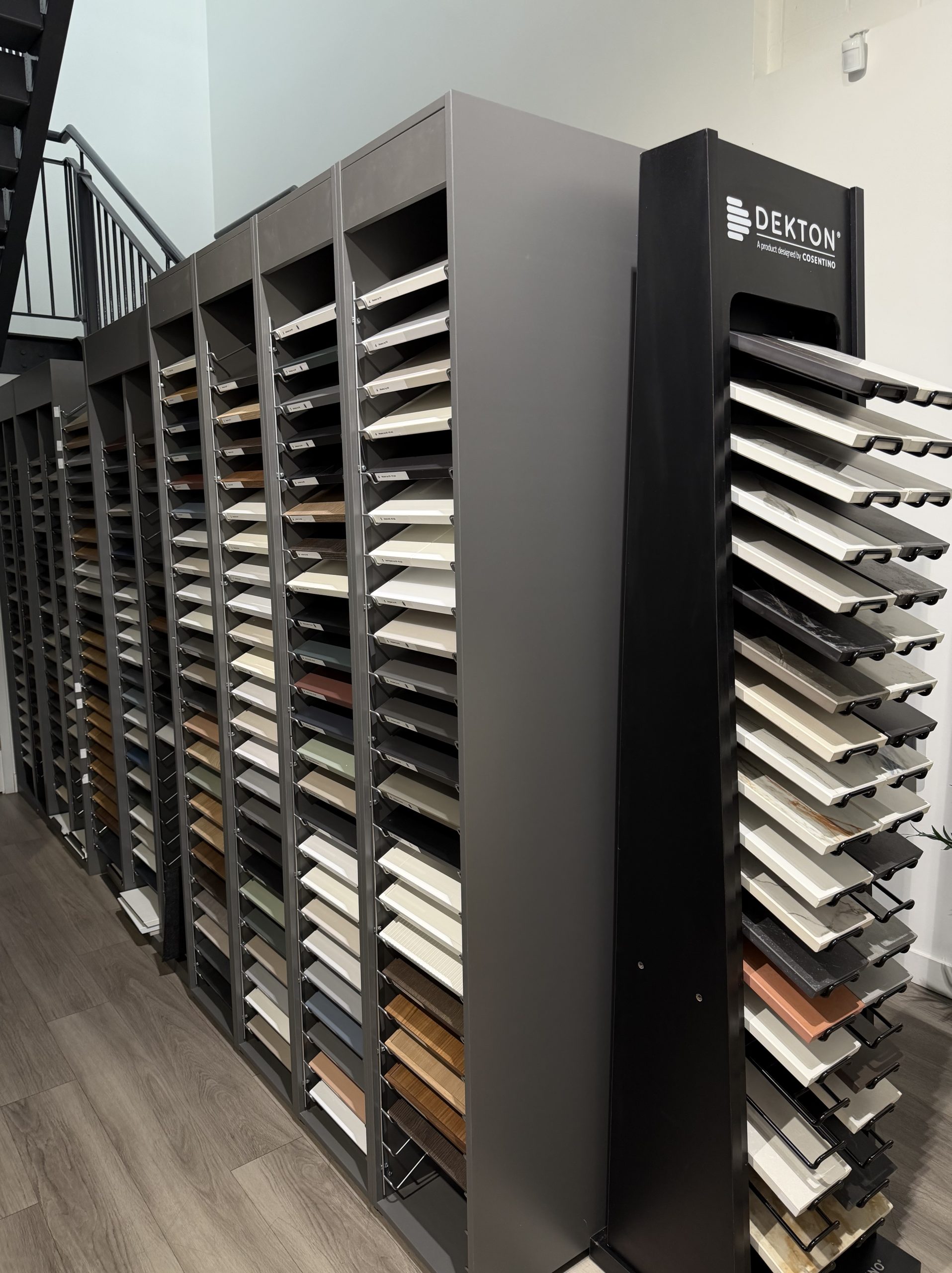 Worktop and cabinetry samples in the Victoria Kitchens showroom